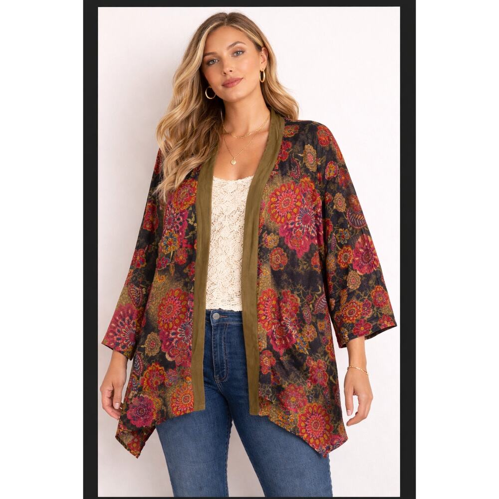 Floral Cardig -Made In USA- 3X Open Front Kimono Boho Western Cottage Festival - Picture 2 of 7